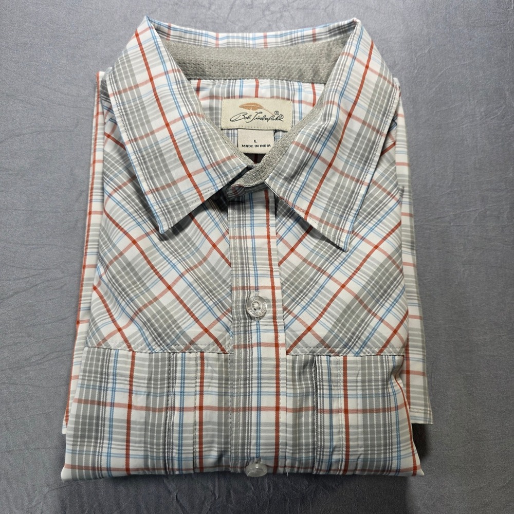 Bob Timberlake Mens Large Plaid Short Sleeve Vented Fishing Shirt Grey Orange‎